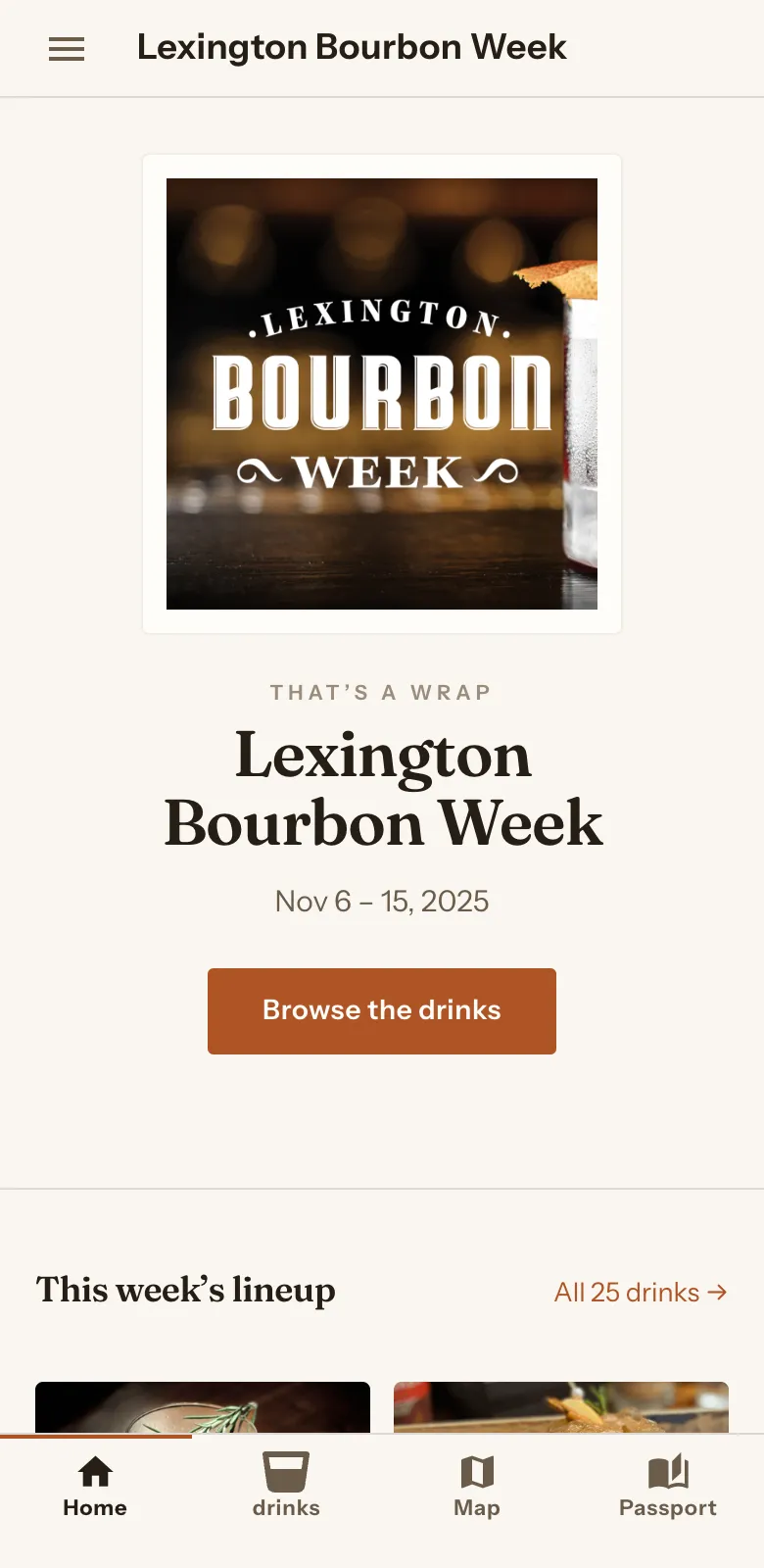 The Lexington Bourbon Week home screen: a photographic poster, an orange Browse the drinks button, and a tab bar whose second entry reads drinks with a glass icon.