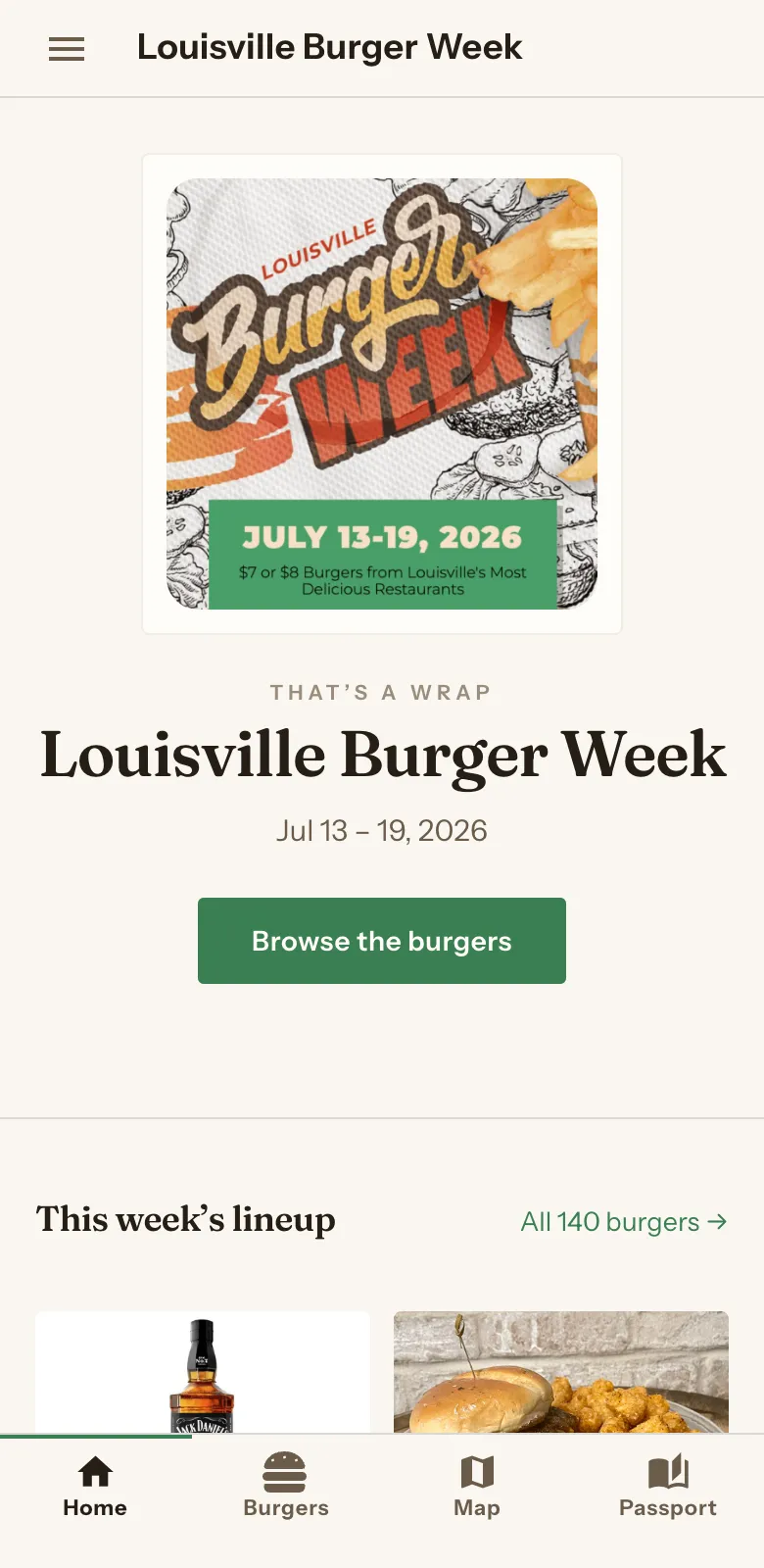 The Louisville Burger Week home screen: its own poster artwork, a green Browse the burgers button, and a tab bar reading Home, Burgers, Map, Passport.
