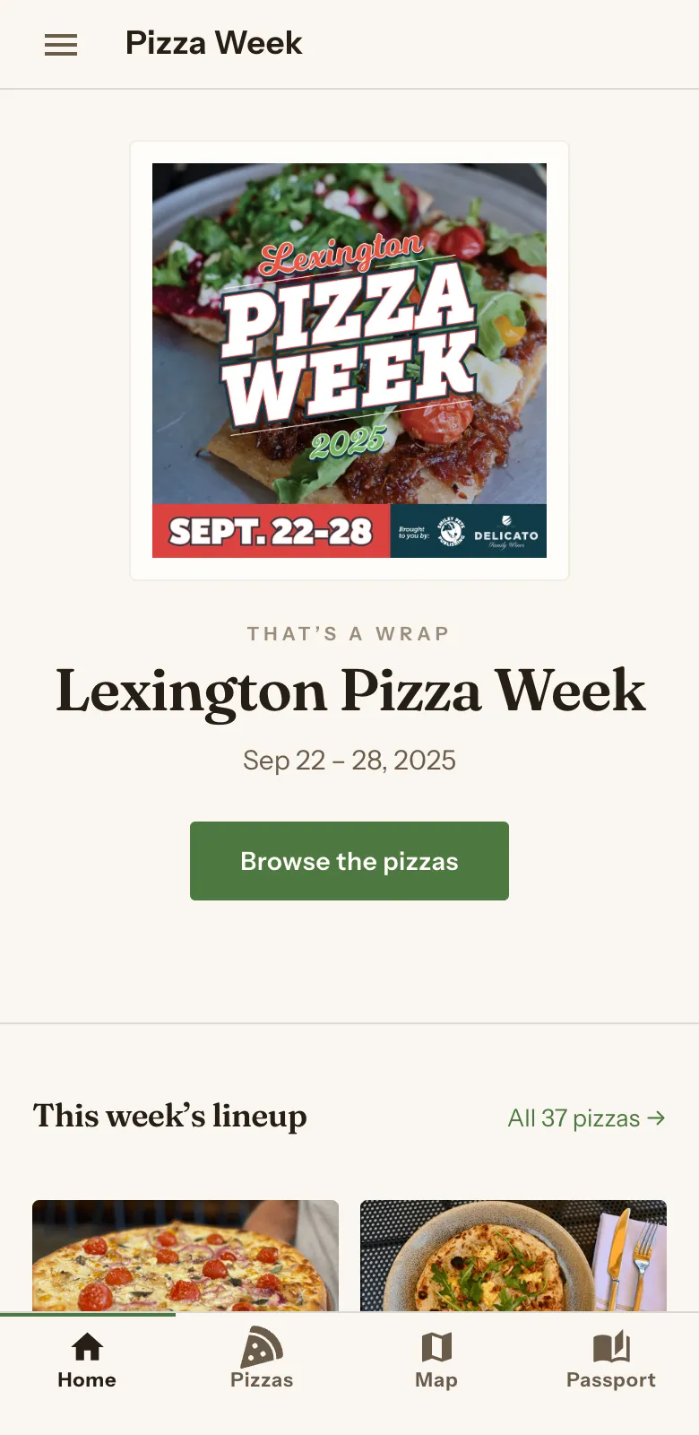 The Lexington Pizza Week home screen: its own poster, a blue Browse the pizzas button, and a tab bar reading Pizzas with a pizza icon.