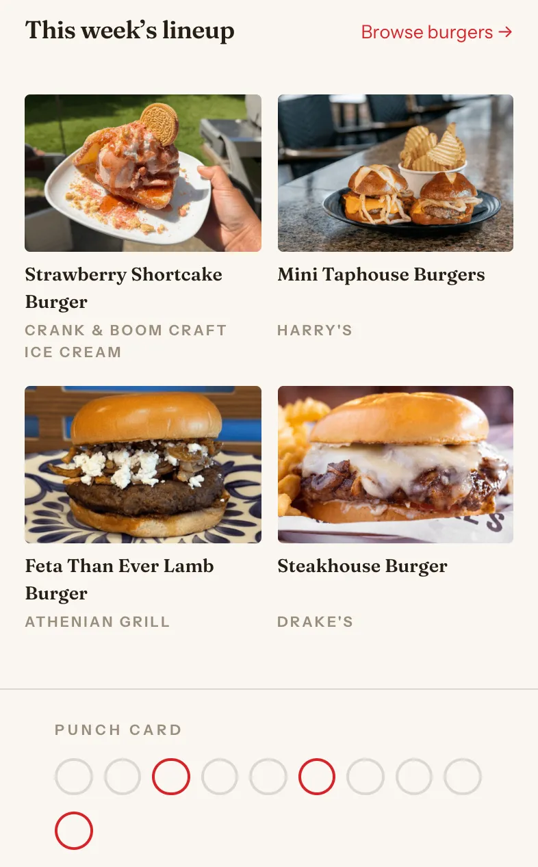 The Lexington Burger Week app on a phone: a lineup of four burgers, each with a photograph and the restaurant serving it, above a punch card of ten stamp slots.