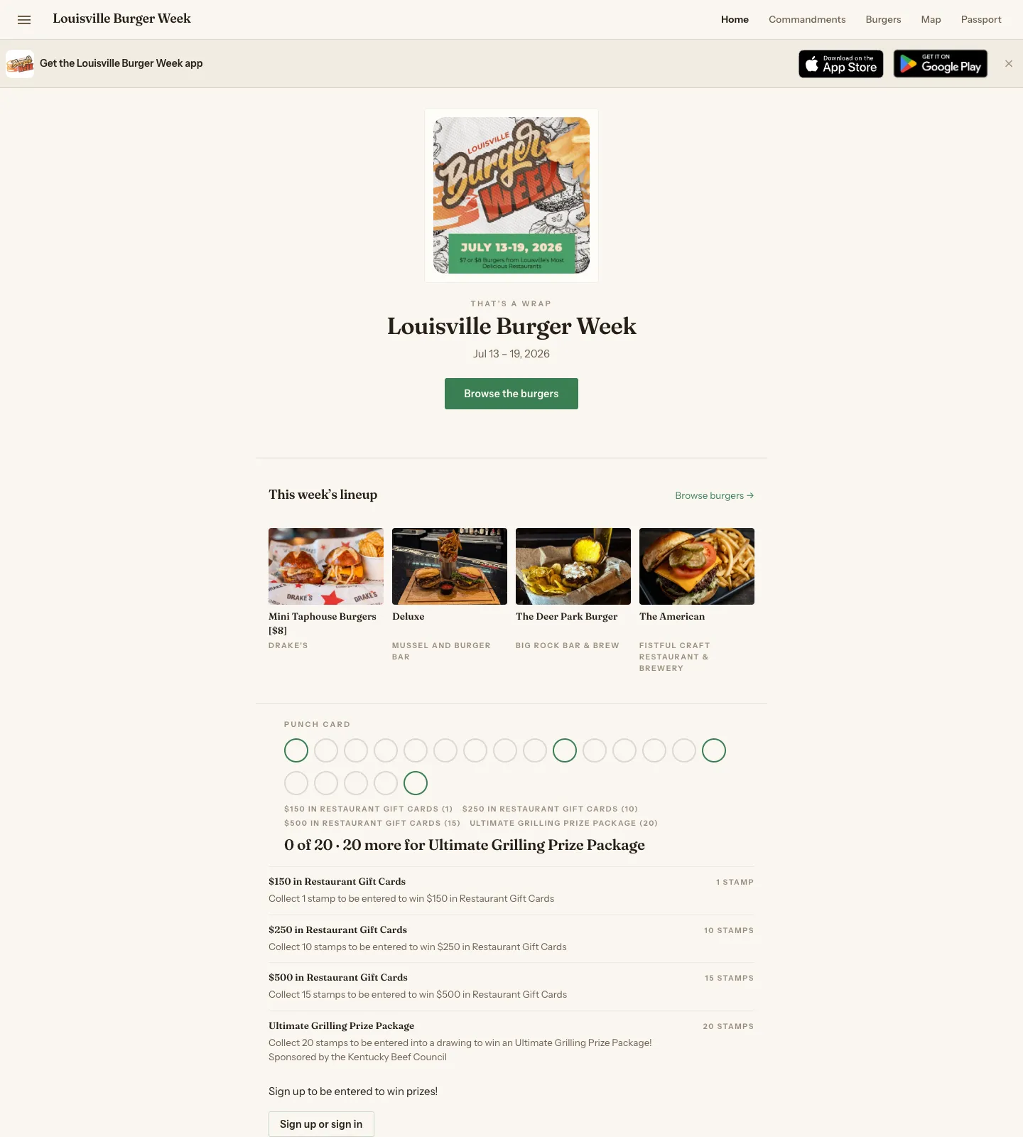 The Louisville Burger Week home page on desktop: the event poster, the dates, and a row of four featured burgers with photographs.