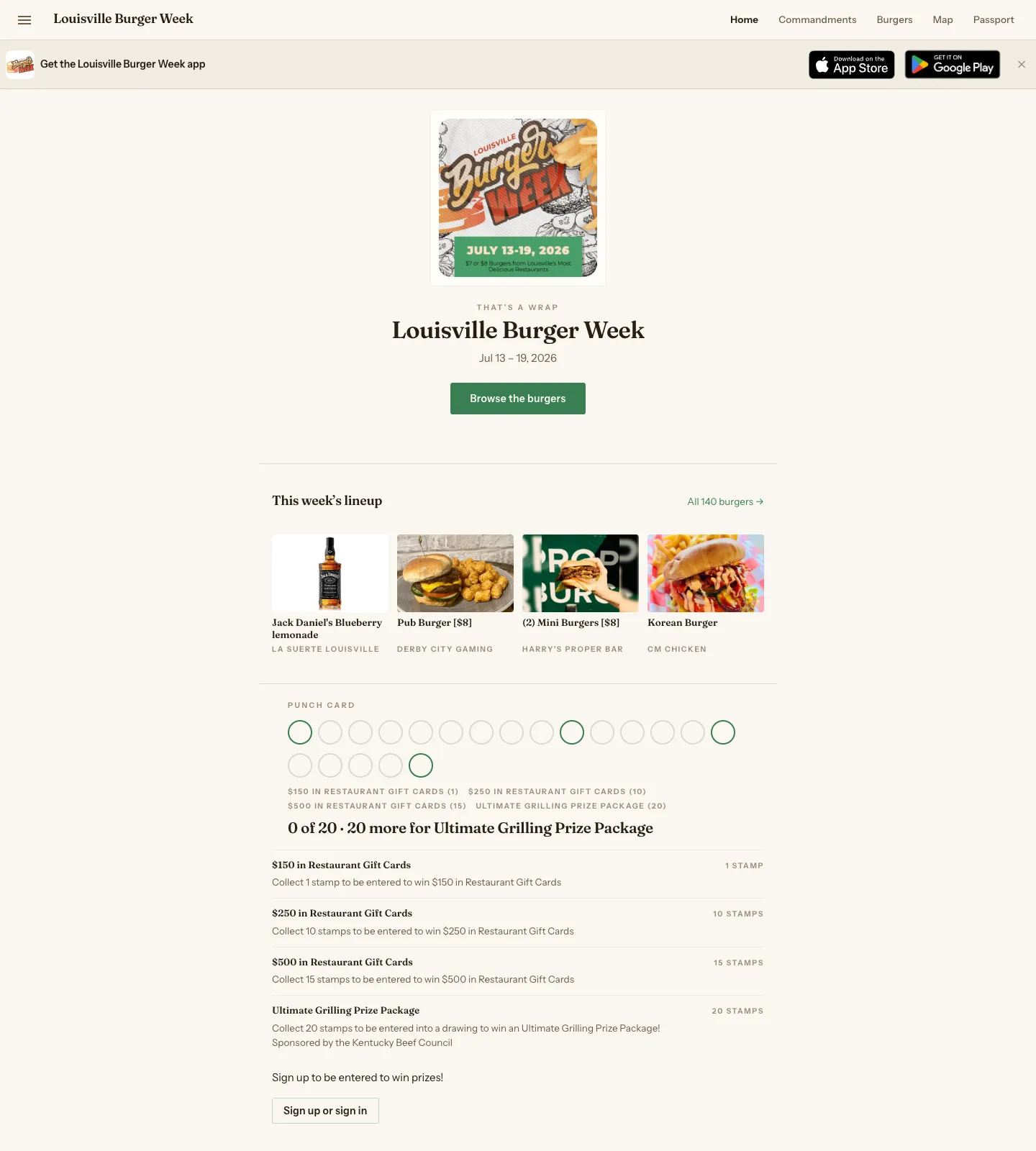 The Louisville Burger Week home page on desktop: the event poster, the dates, and a row of four featured burgers with photographs.