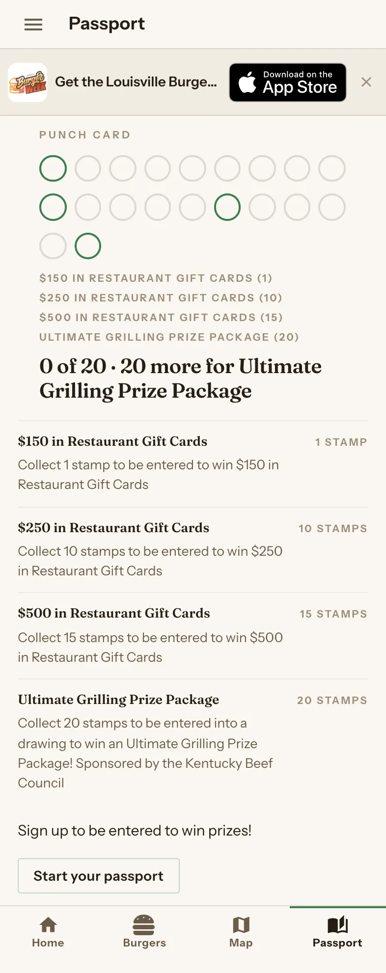 The Passport screen: a punch card of stamp slots above four reward tiers, from $150 in gift cards at one stamp up to an Ultimate Grilling Prize Package at twenty.