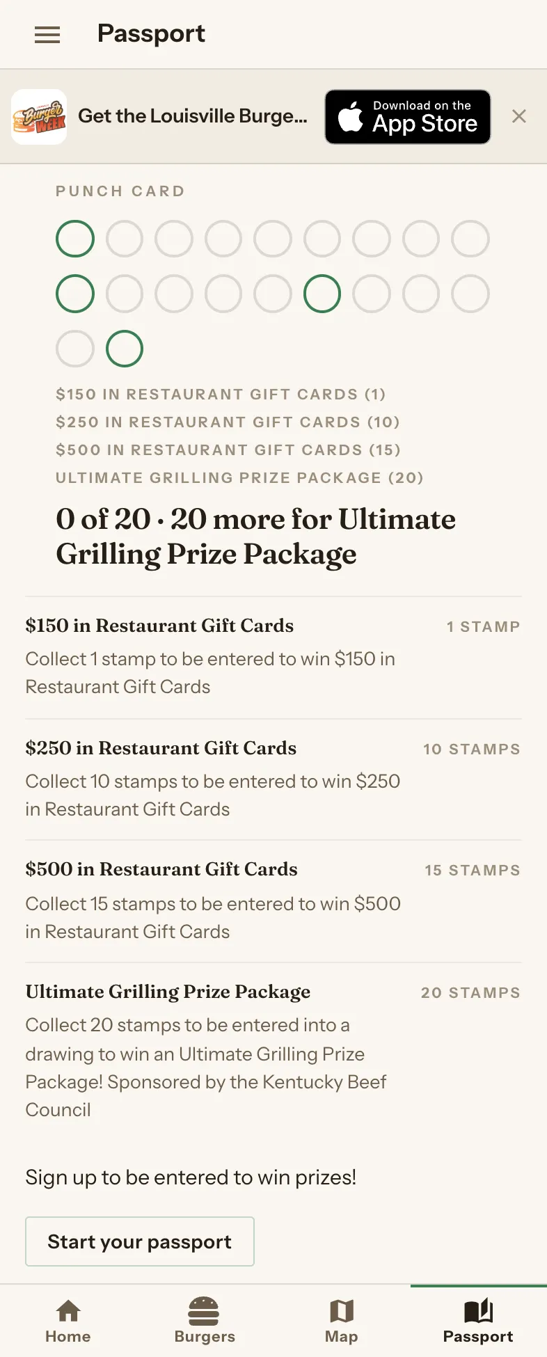 The Passport screen: a punch card of stamp slots above four reward tiers, from $150 in gift cards at one stamp up to an Ultimate Grilling Prize Package at twenty.
