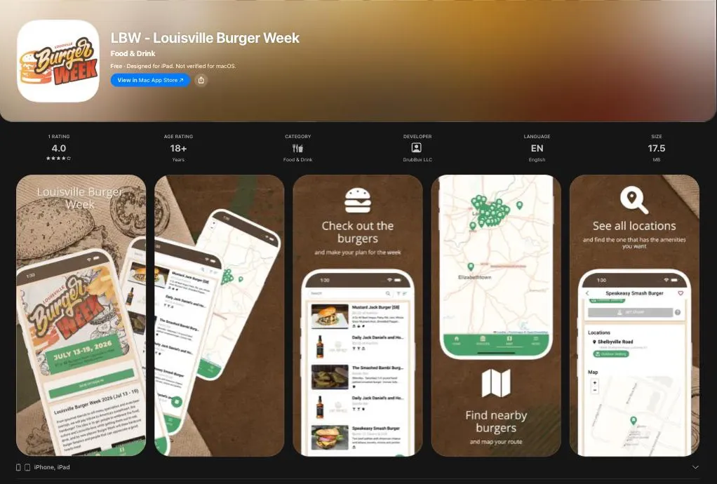 An App Store product page for LBW, Louisville Burger Week: the event’s own icon, its name, GrubBux LLC as the developer, and five store screenshots of the app’s real content.