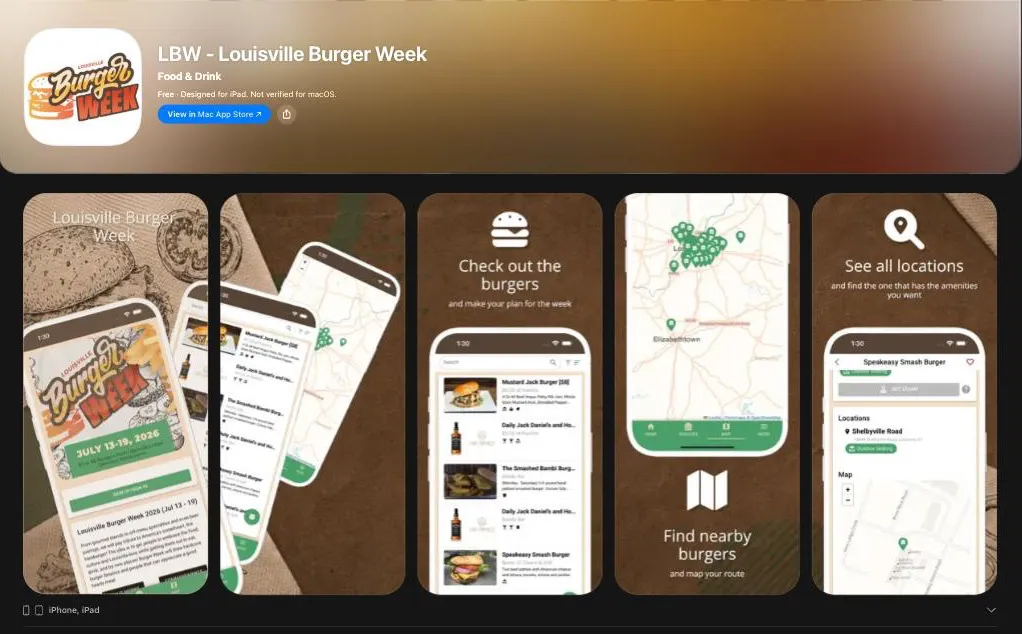 An App Store product page for LBW, Louisville Burger Week: the event’s own icon, its name, and five store screenshots of the app’s real content.