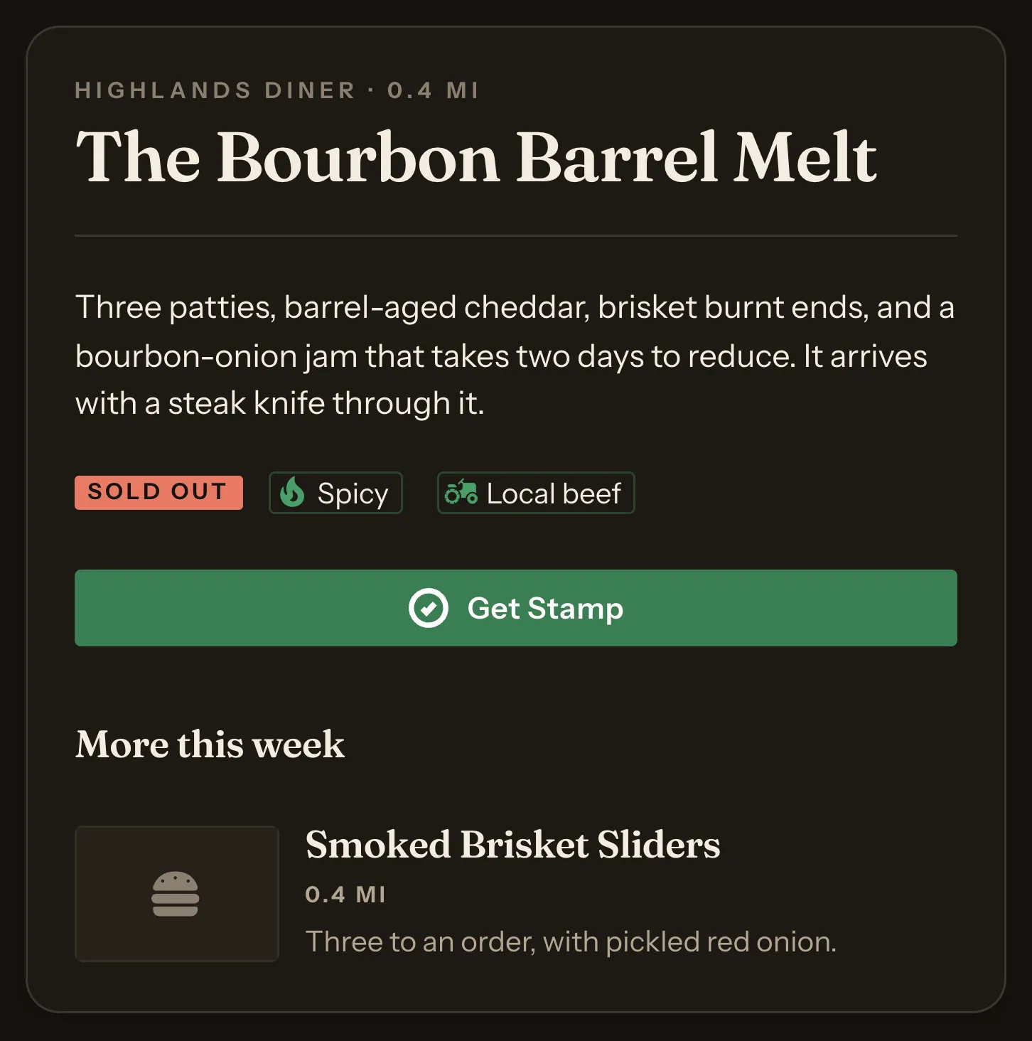 A Food Item name, its description, a Sold Out badge, two tag chips, a Get Stamp button and an image tile, all on one card in the Editorial Theme: the name is set large in a serif of thick and thin strokes under a tracked-out uppercase restaurant line, the description is a plain sans, and the badge, the chips, the button and the tile are rounded only very slightly, inside a card rounded a little more.
