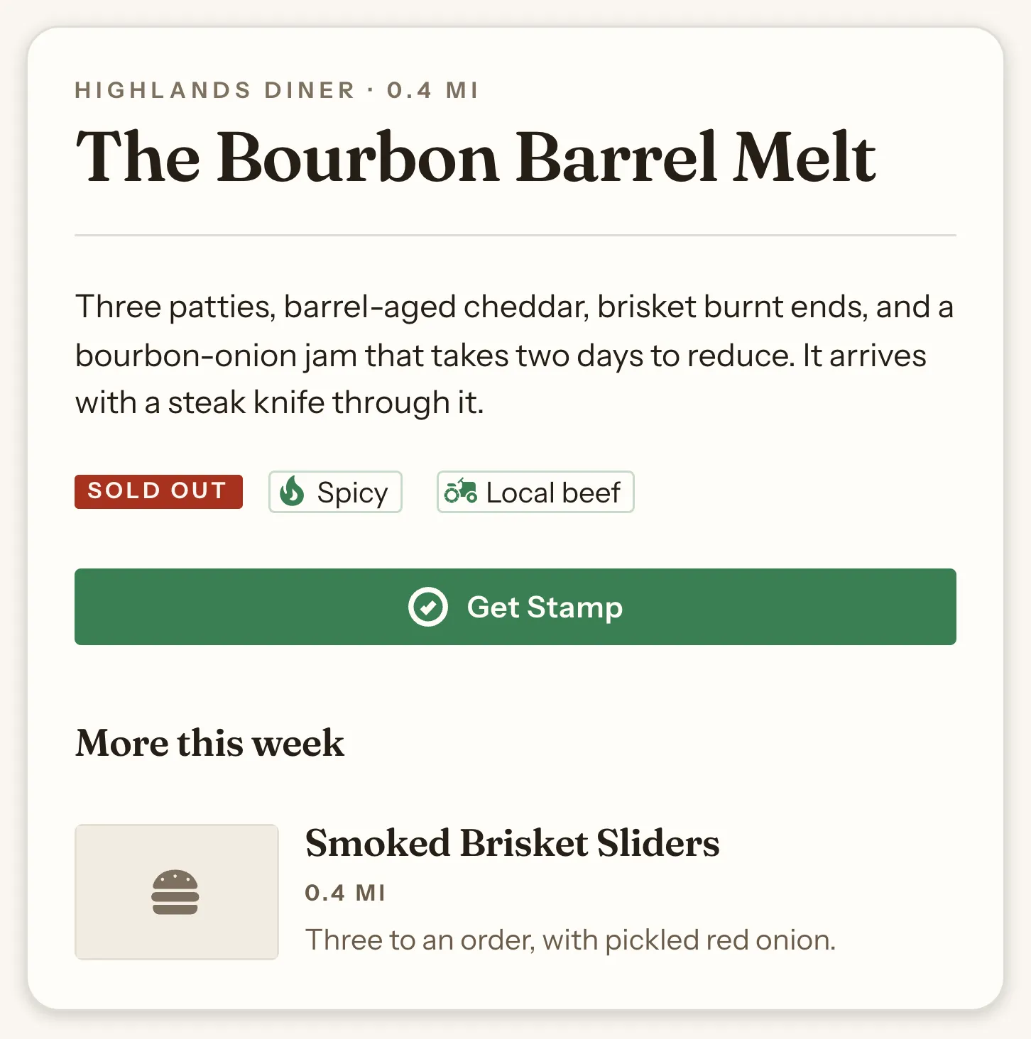 A Food Item name, its description, a Sold Out badge, two tag chips, a Get Stamp button and an image tile, all on one card in the Editorial Theme: the name is set large in a serif of thick and thin strokes under a tracked-out uppercase restaurant line, the description is a plain sans, and the badge, the chips, the button and the tile are rounded only very slightly, inside a card rounded a little more.